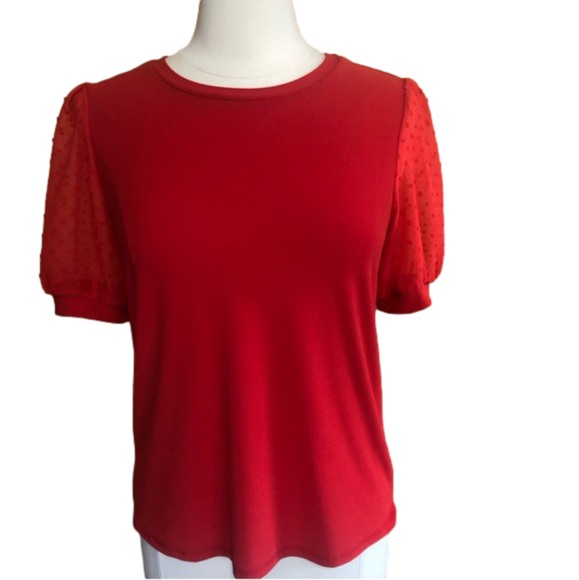 CeCe Tops - CeCe Orange short puff shear sleeve shirt w/dots on the sleeves Size Medium